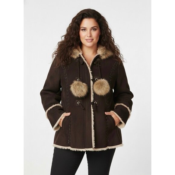 Vtg Y2K Esprit Brown Faux Suede Hooded Penny Lane Toggle Coat | Afghan Boho 1X - Picture 11 of 13